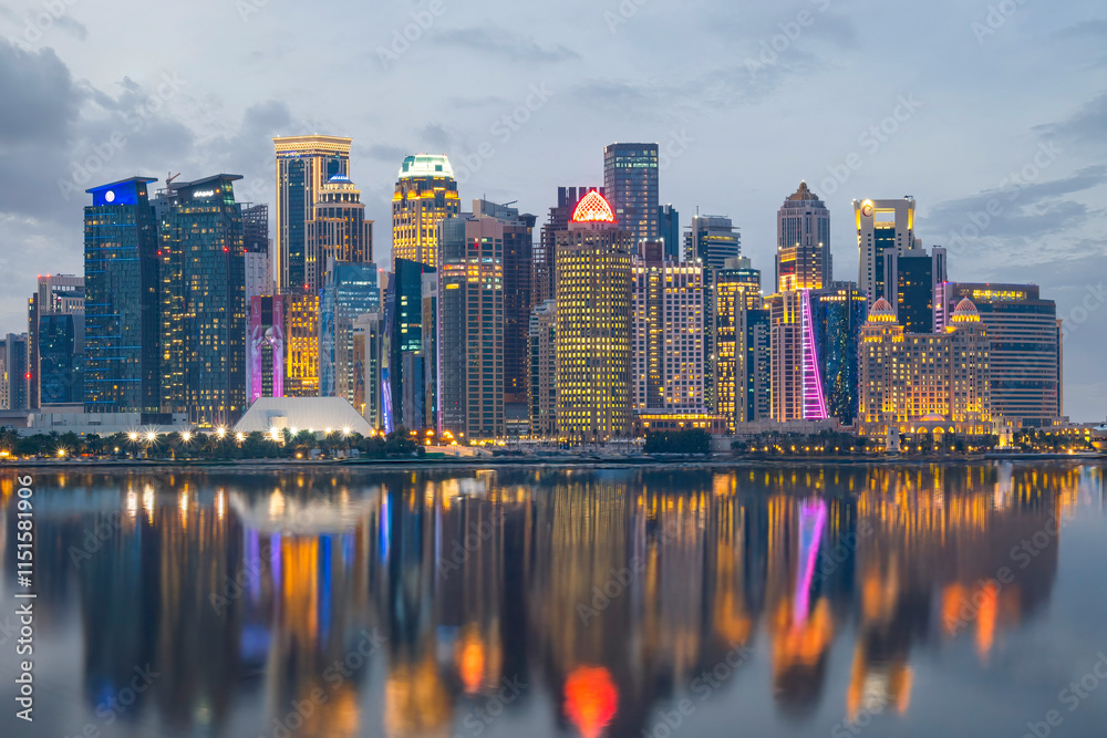 Naklejka premium Beautiful Doha Skyline view from Mina Port Doha Qatar 