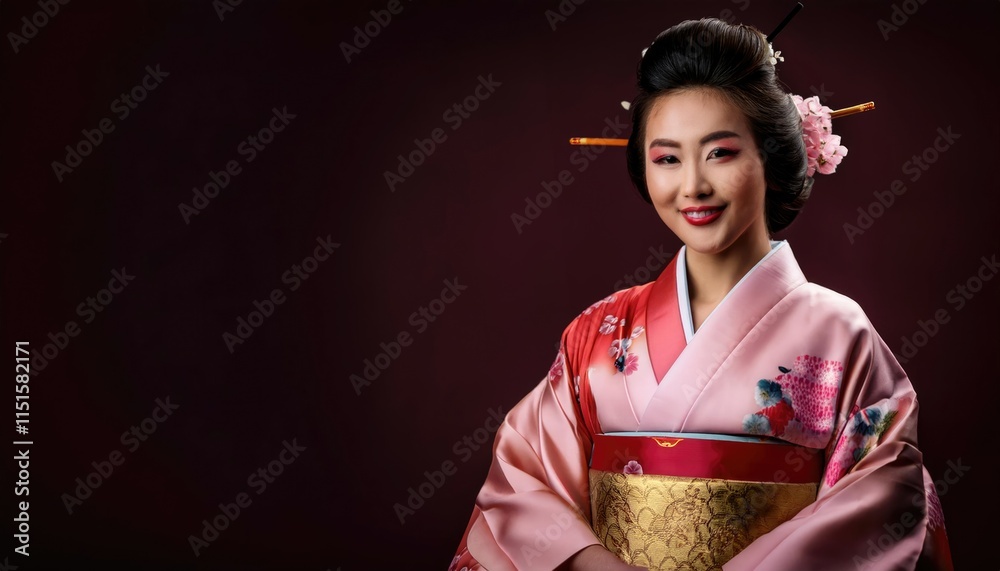 A radiant Japanese geisha, adorned in an ornate kimono with delicate floral details, beams with joy as she embraces the beauty of cultural heritage A radiant Japanese geisha, adorned in an ornate kimono with delicate floral details, beams with joy as she embraces the beauty of cultural heritage