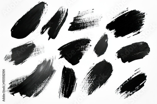 Abstract black paint strokes on a white canvas, showcasing various brush techniques and textures for artistic and creative backgrounds, designs, and concepts.