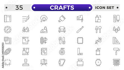Set of Crafts outline icons related to carpentry. Pencil, pen, brush, bucket paint, palette knife, roller, palette, marker and more. Linear icon collection.