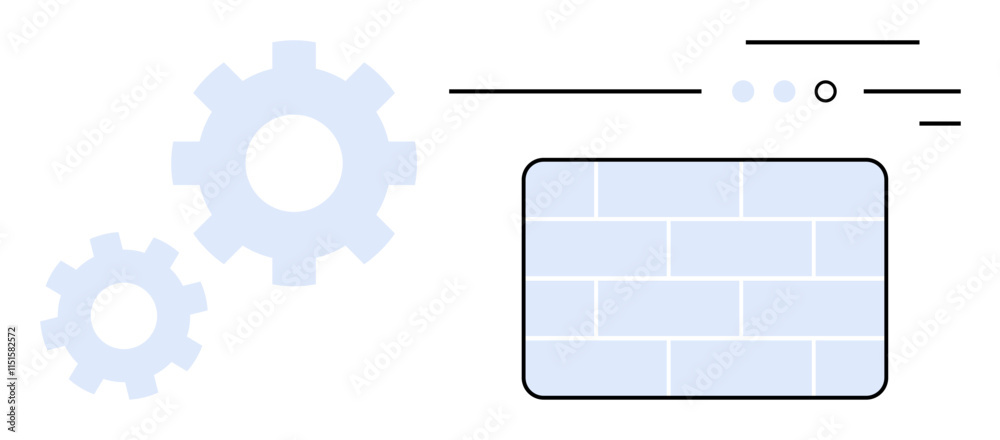 Gears next to a brick wall firewall and minimalist lines and dots. Ideal for cybersecurity, technology, IT infrastructure, data protection, network security, digital defense, online privacy. Line