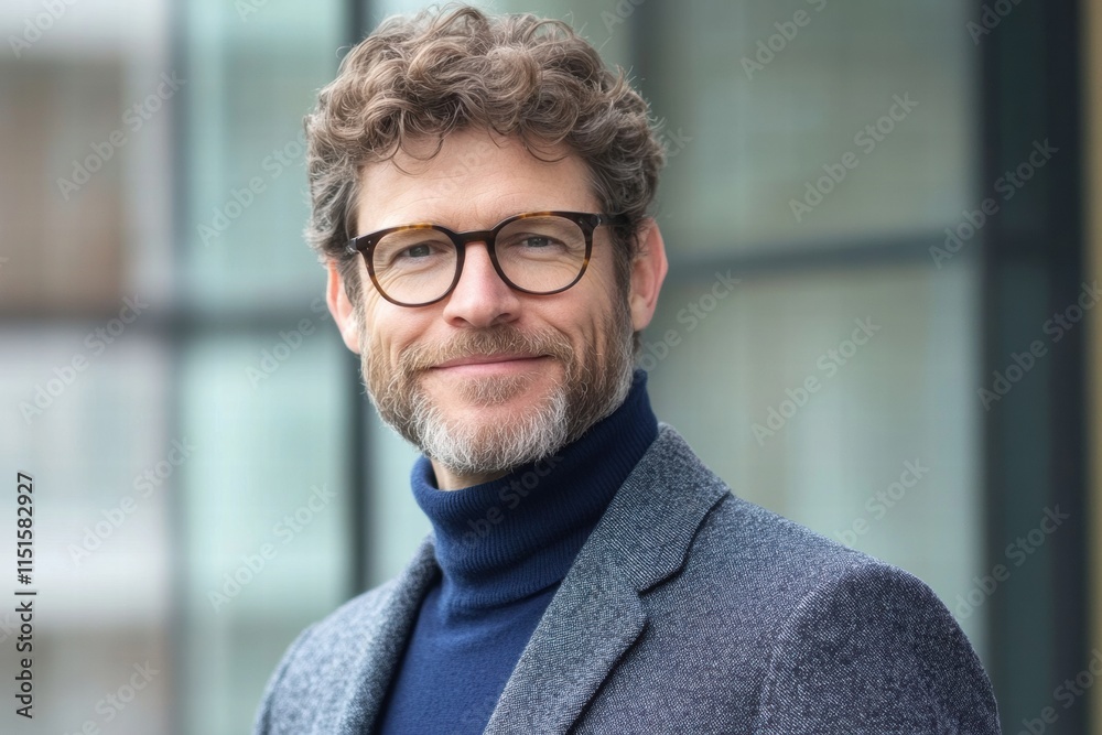 A man wearing glasses and a blue sweater is smiling A man wearing glasses and a blue sweater is smiling