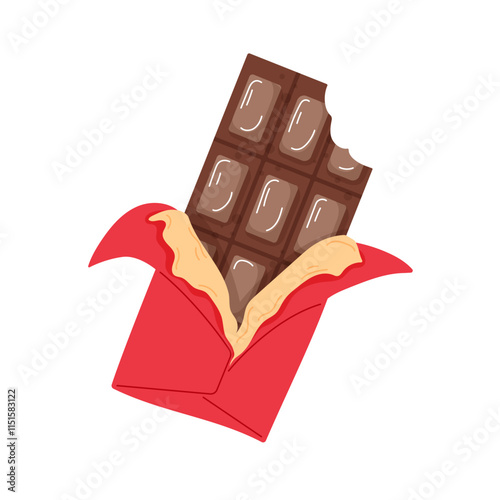 Bitten chocolate bar in a vibrant red wrapper in mocha mousse color. Cartoon sweet treat for Valentines Day themes. Isolated on white background.