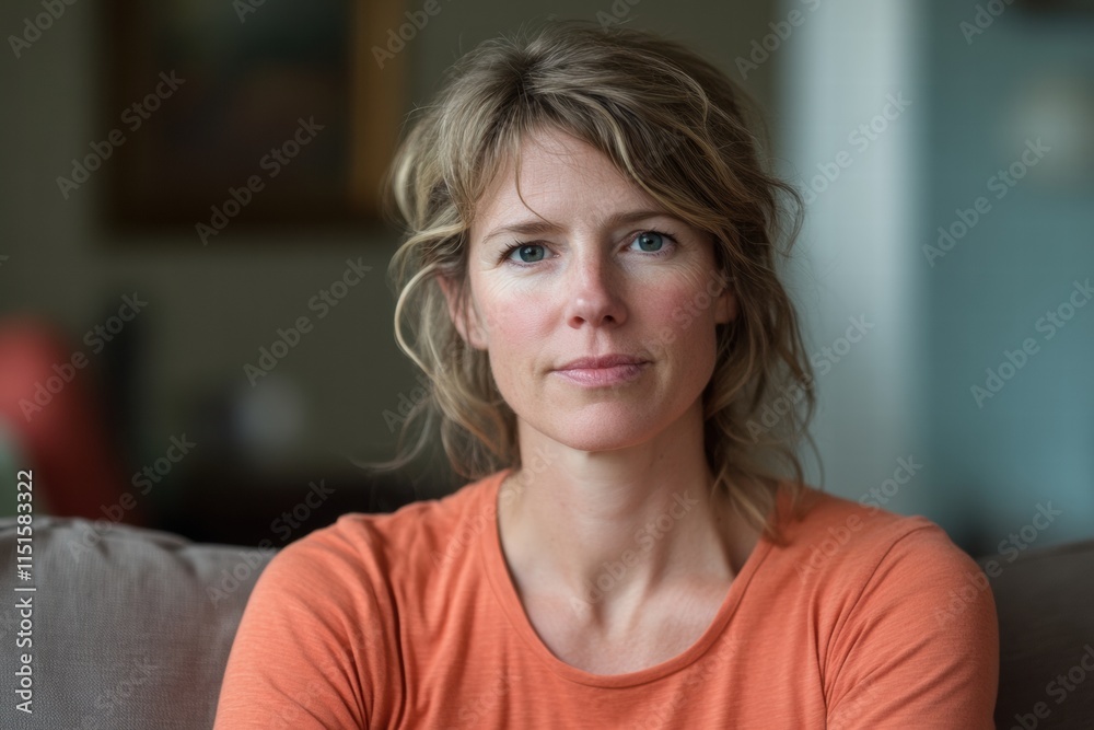 A woman in an orange shirt is sitting on a couch