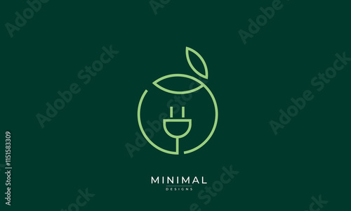 Minimal circle leaf with a electric plug logo , renewable energy