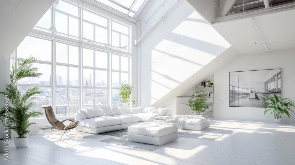 Fototapeta premium Bright Minimalist Loft Apartment with City Views