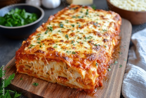 Wallpaper Mural Delicious Layered Lasagna with Golden Cheese and Fresh Herbs Served on Wooden Board Surrounded by Ingredients Ready for Italian Feast Torontodigital.ca