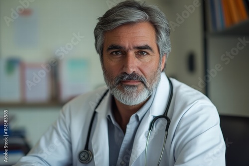 A man in a white lab coat is sitting at a desk with a stethoscope around his nec