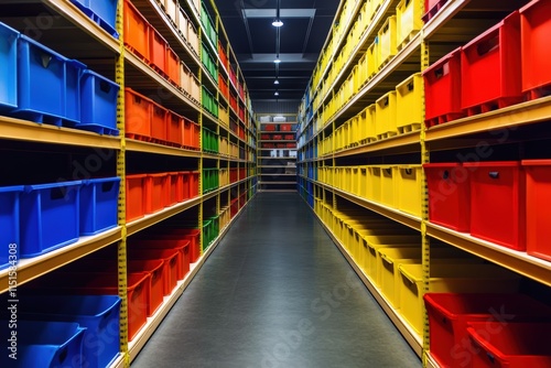 Dynamic abstract background showcasing vibrant warehouse shelves with colorful storage boxes photo