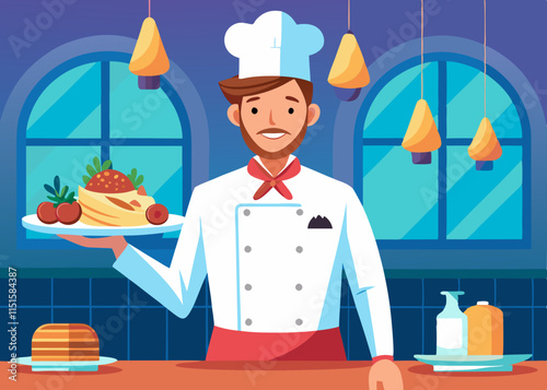 A successful chef presenting a beautifully plated dish in a fine dining restaurant.