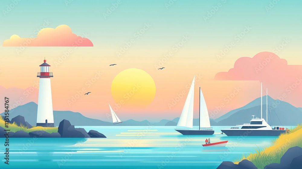 Naklejka premium Serene seascape in a horizontal flat style background. Summery banner featuring ships, a lighthouse, and a boat. Vivid vector illustration with a maritime theme.