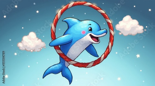 Playful Dolphin Jumping Through a Ring in a Colorful Cartoon Illustration