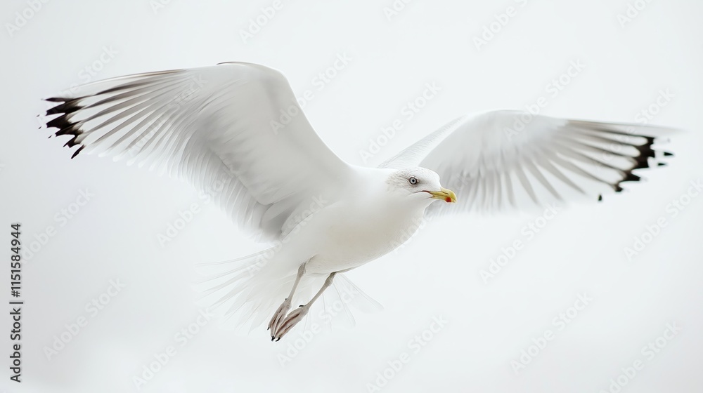 Obraz premium Seagull in flight against a white background with wings spread wide