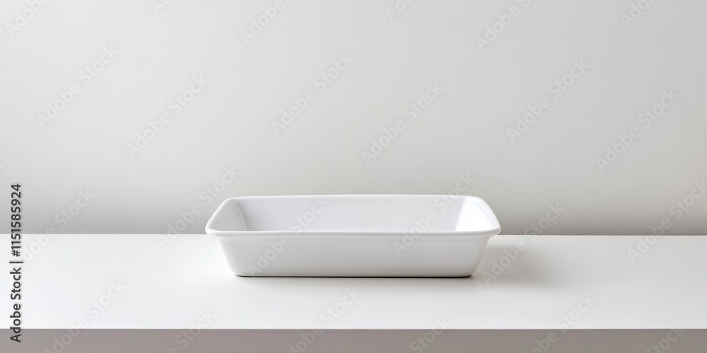A vacant rectangular dish sits on a white tabletop, highlighting its emptiness against the plain background of the table surface. A vacant rectangular dish sits on a white tabletop, highlighting its emptiness against the plain background of the table surface.