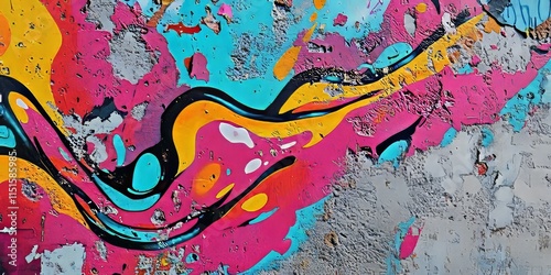 Vibrant graffiti fragment on a concrete surface showcases a unique texture, creating an abstract background that enhances any design project with its colorful graffiti detail. photo