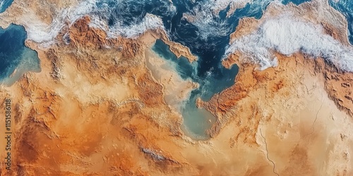 Breathtaking satellite imagery of Earth showcases a detailed world map while emphasizing desert regions, drought conditions, deforestation issues, and climate change impacts.