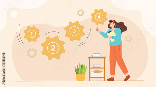 An illustration of a step-by-step workflow process, featuring a series of connected stages or steps, each represented by icons or symbols, guiding the viewer through a clear, organized sequence of act