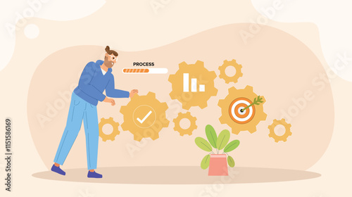 An illustration depicting a goal-oriented workflow and process management, with visual elements like a clear flowchart, checklists, and progress indicators