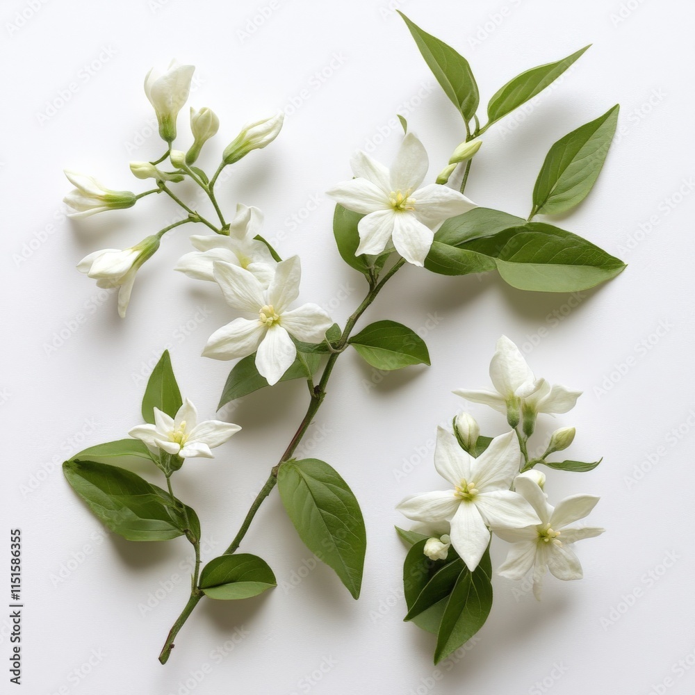 Fototapeta premium close up of white star jasmine flowers and green leaves