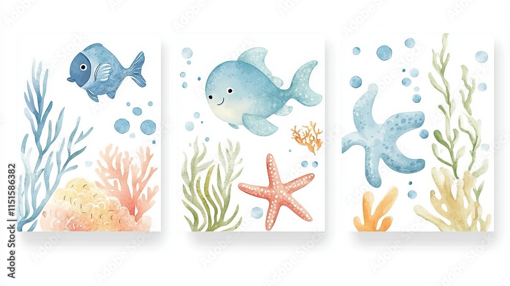 Naklejka premium Set of sea watercolor style cards. Underwater creatures, starfish, coral, fish.