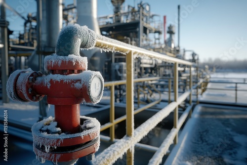 Frozen Industrial Equipment in Winter Landscape with Frosted Pipes and Valves Highlighting the Harsh Conditions of Industrial Sites in Cold Weather