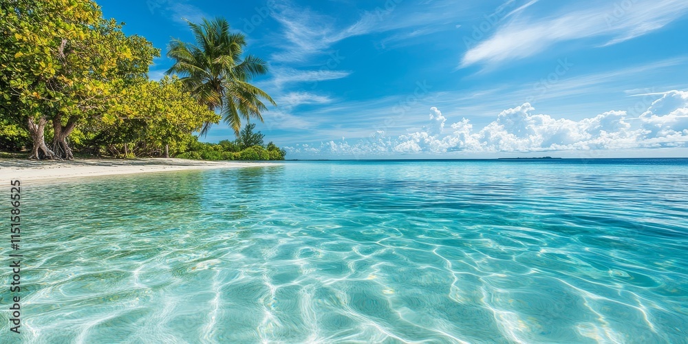 Fototapeta premium Crystal clear shallow waters create a serene environment, showcasing the beauty of nature with vibrant reflections in the crystal clear shallow waters all around.