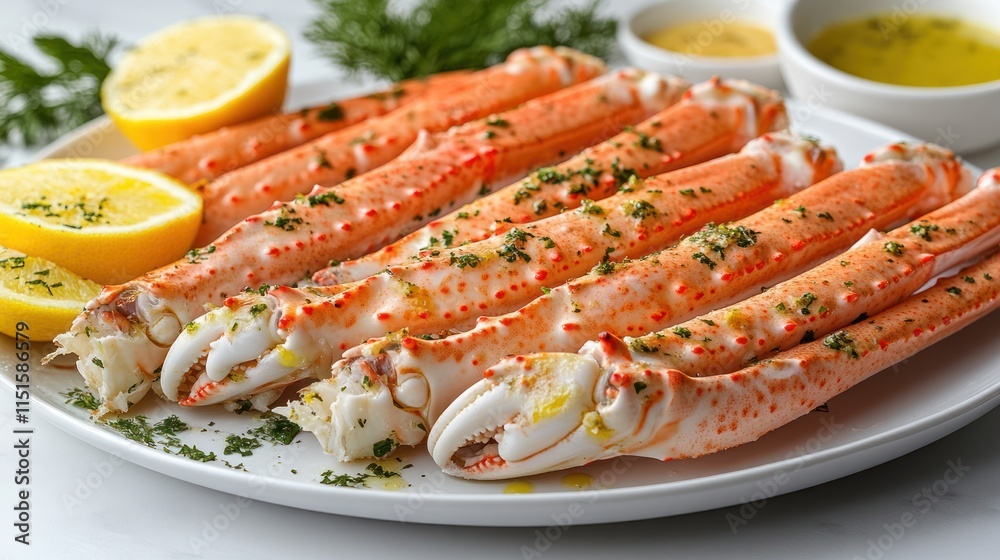 Delicious seasoned snow crab legs arranged on a white plate with lemon wedges and sauces. Delicious seasoned snow crab legs arranged on a white plate with lemon wedges and sauces.