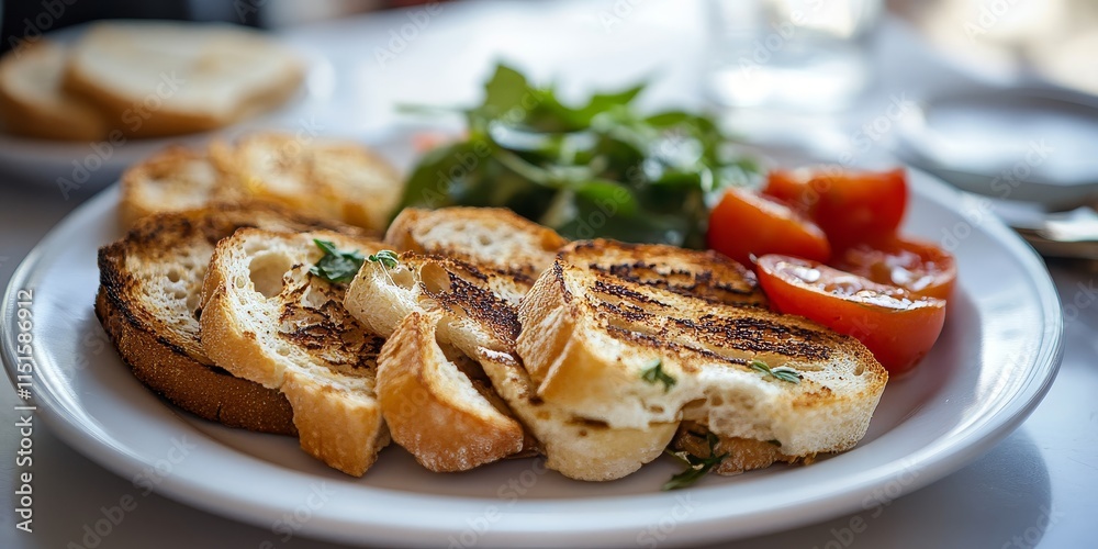 Plate with toasts beautifully arranged on a white plate, showcasing a delightful assortment of toasted bread. This plate with toasts is perfect for breakfast or brunch presentations. Plate with toasts beautifully arranged on a white plate, showcasing a delightful assortment of toasted bread. This plate with toasts is perfect for breakfast or brunch presentations.