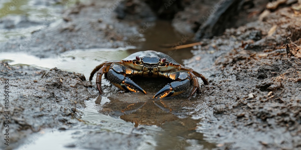 A small mud crab is concealed in the sludge along a muddy riverbank, showcasing the habitat of mud crabs in a rich ecosystem characterized by mangrove forests. The mud crab thrives in this A small mud crab is concealed in the sludge along a muddy riverbank, showcasing the habitat of mud crabs in a rich ecosystem characterized by mangrove forests. The mud crab thrives in this