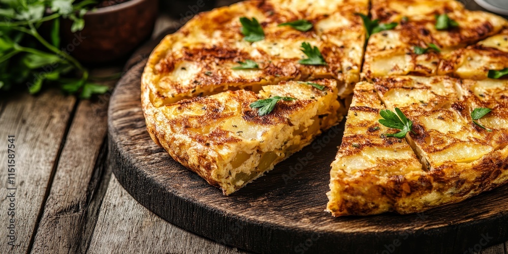 Spanish potato omelet, also known as tortilla de patatas, displayed on rustic wooden texture, featuring a designated area for text. This tortilla de patatas captures the essence of traditional Spanish potato omelet, also known as tortilla de patatas, displayed on rustic wooden texture, featuring a designated area for text. This tortilla de patatas captures the essence of traditional