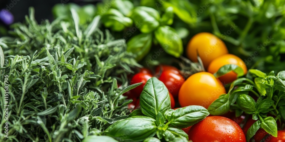 A detailed view showcases vibrant fresh herbs and vegetables, essential for preparing nutritious and healthy meals in the kitchen. A detailed view showcases vibrant fresh herbs and vegetables, essential for preparing nutritious and healthy meals in the kitchen.