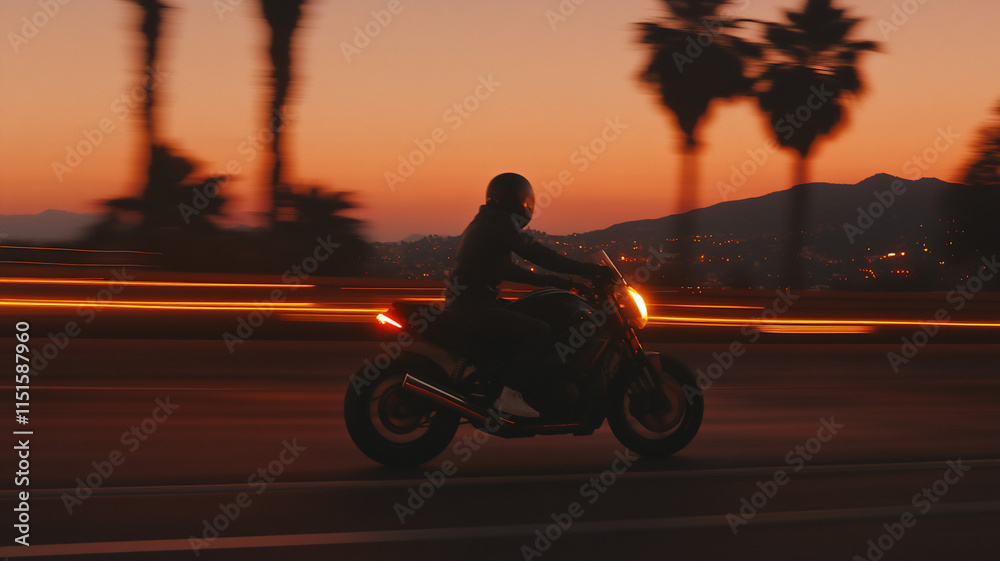 Obraz premium riding a motor during summer in the road during midnight with a profile angle 