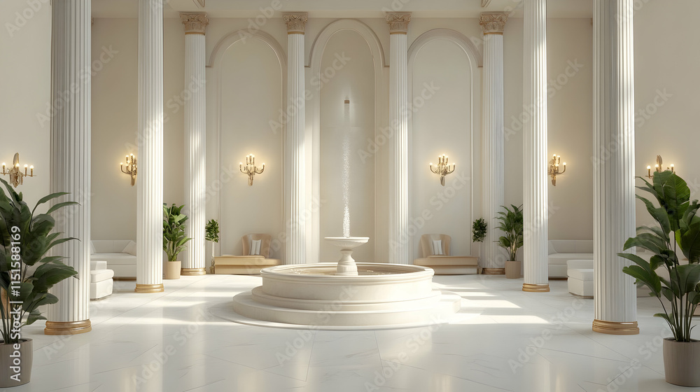 Fototapeta premium Serene Neoclassical Interior: White Columns, Marble, and a Tranquil Fountain