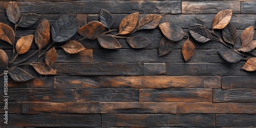 Leaves gently descend on a textured wooden pattern, creating a serene and natural ambiance. The combination of leaves and wood enhances the beauty of the wooden pattern in a striking way. photo