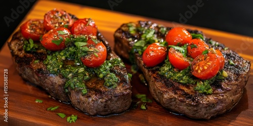 Two medium sized beefsteaks on dark bread, featuring juicy meat and a garnish of Italian herbs, accompanied by cherry tomatoes for added flavor. photo