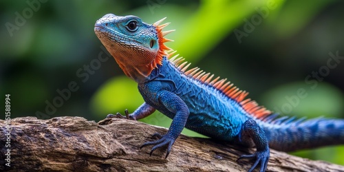 Maned forest lizard, also known as bunglon surai, perched gracefully on a tree branch, showcasing its unique features and vibrant coloration. The maned forest lizard thrives in its natural habitat.