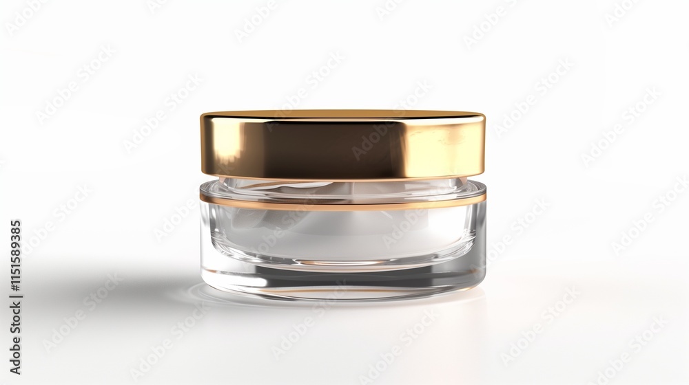 A luxury glass jar of face cream with a gold lid, isolated on a white background. A luxury glass jar of face cream with a gold lid, isolated on a white background.