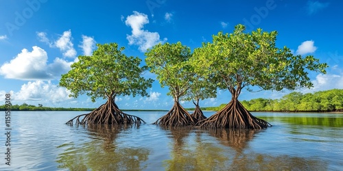 Mangrove trees, a unique type of tropical mangrove plant from the Rhizophora genus, thrive in coastal areas, often leading the way in mangrove forests that face the sea. photo