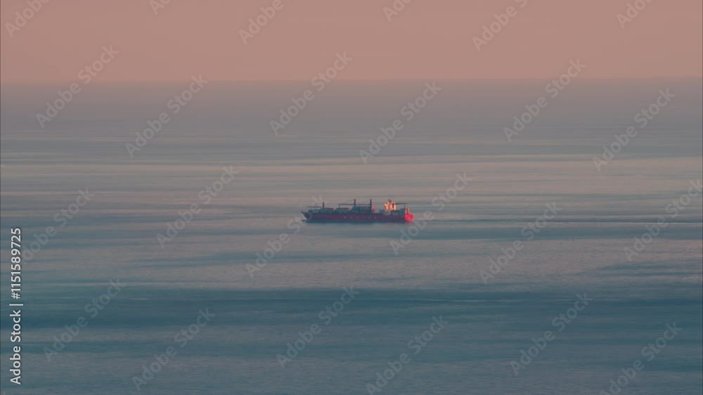 Distant view of a ship moving on the sea in the south of France at sunset Distant view of a ship moving on the sea in the south of France at sunset