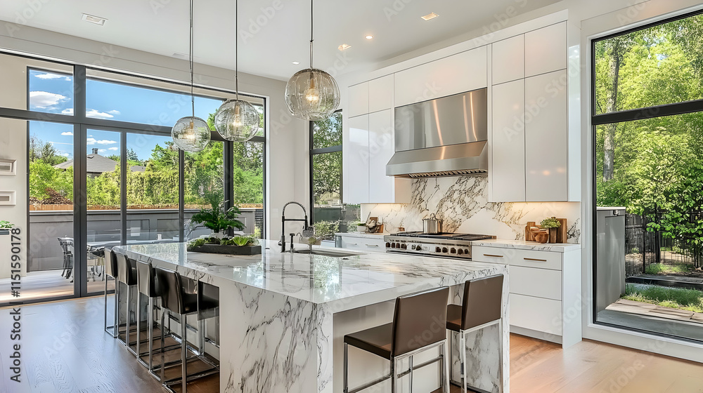 Fototapeta premium Modern White Kitchen with Marble Island and Large Windows
