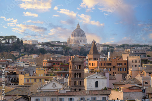 Sticker Rome, Italy - January 9th 2024: View of and the Vatican with the dome of St Pete