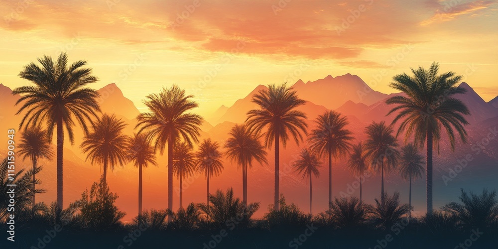 Obraz premium Row of palm trees silhouetted against a stunning sunset and majestic mountains, creating a picturesque scene that highlights the beauty of palm trees in nature.
