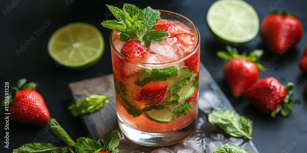 Refreshing summer cocktail preparation featuring strawberries, ice, and mint. This summer cocktail highlights ripe fresh strawberries and zesty lime for a delightful beverage experience. Refreshing summer cocktail preparation featuring strawberries, ice, and mint. This summer cocktail highlights ripe fresh strawberries and zesty lime for a delightful beverage experience.