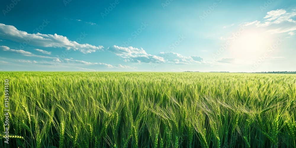 Lush green wheat fields stretch under a vast blue sky, creating a serene landscape that captures the beauty of nature with vibrant green wheat contrasting against the bright blue sky. Lush green wheat fields stretch under a vast blue sky, creating a serene landscape that captures the beauty of nature with vibrant green wheat contrasting against the bright blue sky.