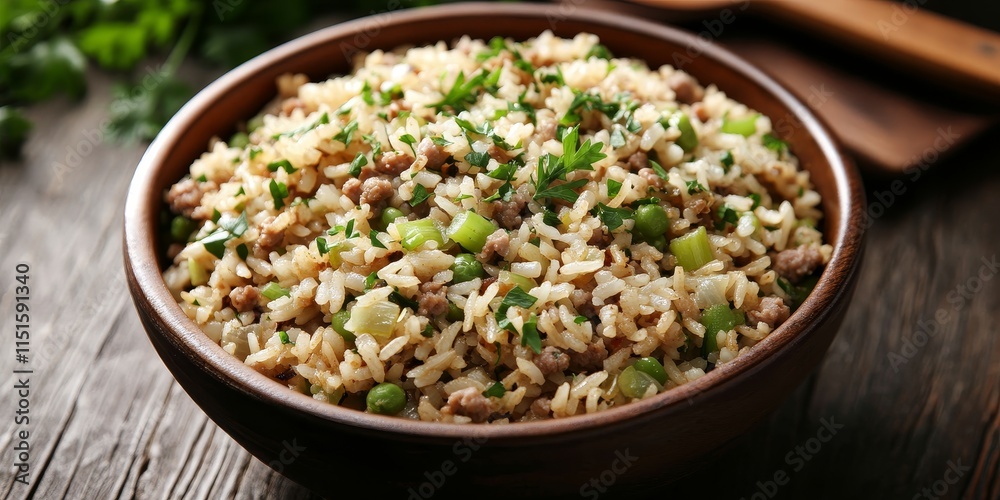 Dirty rice, a flavorful dish featuring ground pork along with celery, onions, garlic scapes, and green pepper, is elevated with a sprinkle of parsley, showcasing the essence of dirty rice. Dirty rice, a flavorful dish featuring ground pork along with celery, onions, garlic scapes, and green pepper, is elevated with a sprinkle of parsley, showcasing the essence of dirty rice.
