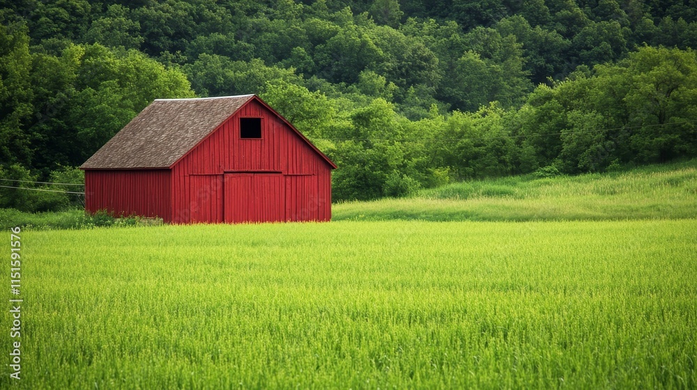Isolated red barn surrounded by vibrant green field creates a striking visual. This red barn in the lush green field offers a picturesque scene that captures the essence of rural charm. Isolated red barn surrounded by vibrant green field creates a striking visual. This red barn in the lush green field offers a picturesque scene that captures the essence of rural charm.