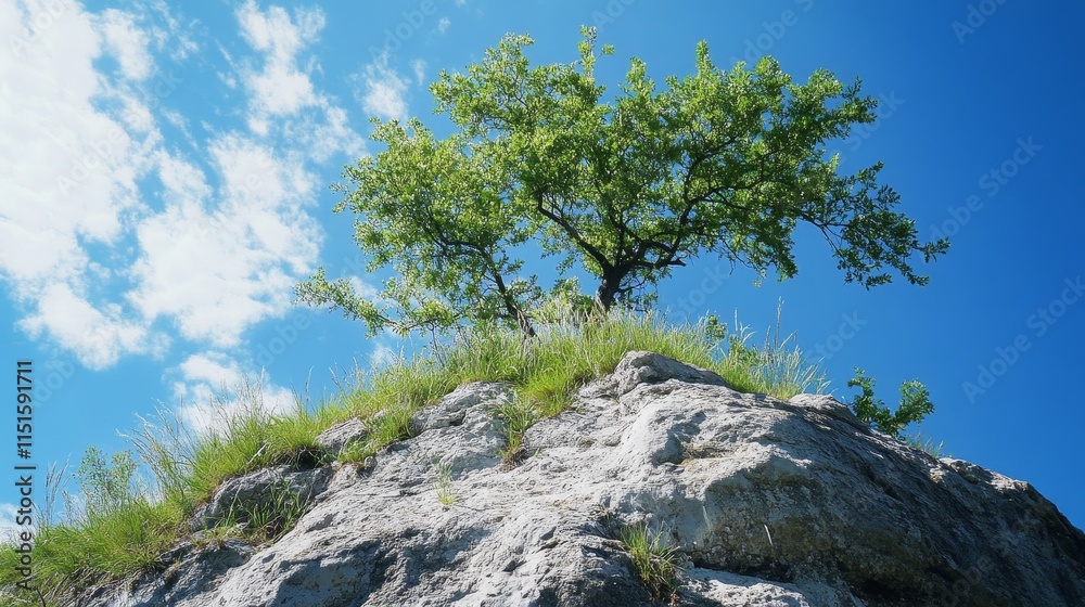 Trees and grass thrive on the rock, creating a stunning nature wallpaper. This rock set against a bright blue sky showcases beauty in fine sunny weather, offering a unique view from below. Trees and grass thrive on the rock, creating a stunning nature wallpaper. This rock set against a bright blue sky showcases beauty in fine sunny weather, offering a unique view from below.