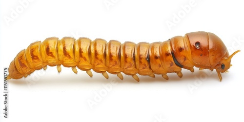 Woodworm larva displayed against a white background, showcasing the distinctive characteristics of larva of woodworm in detail for educational and informative purposes.