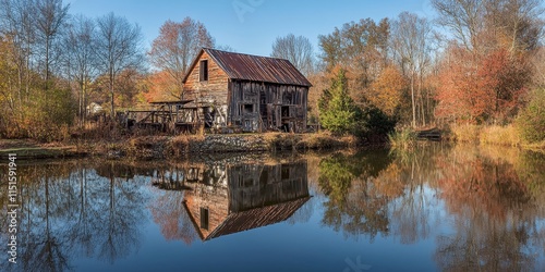 Vintage saw mill reflected in the calm river showcases the charm of rustic architecture. This vintage saw mill adds character to the landscape while the river creates a beautiful mirror effect. photo