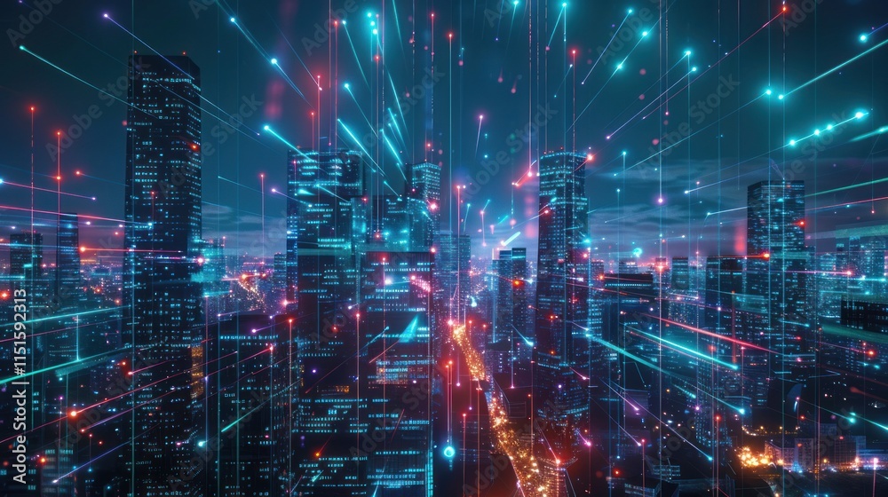 Naklejka premium Cyberpunk Cityscape: A Digital Tapestry of Light and Connection